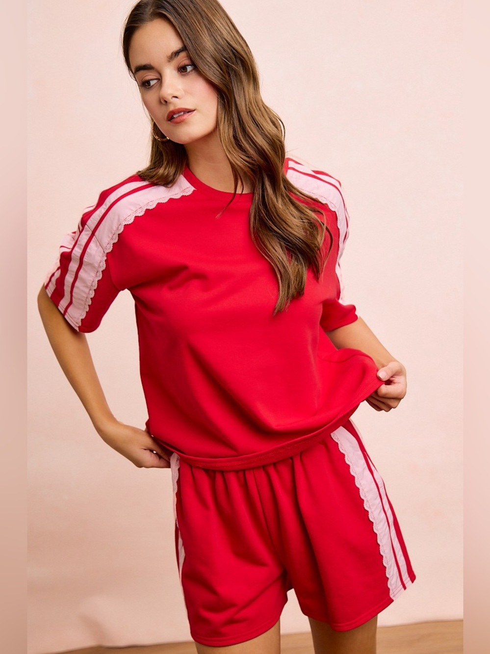 BiBi French Terry Side Lace Detail Short Sleeves Top - Picture 5 of 15